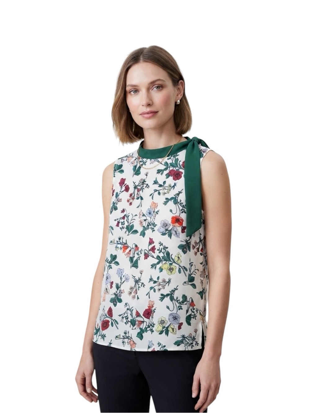 Ann Taylor Floral Sleeveless Tie-Neck Blouse Ivory Green Size Medium Tall